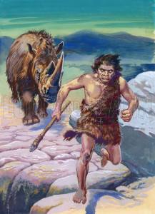 Cave man being chased by wooly rhinoceros